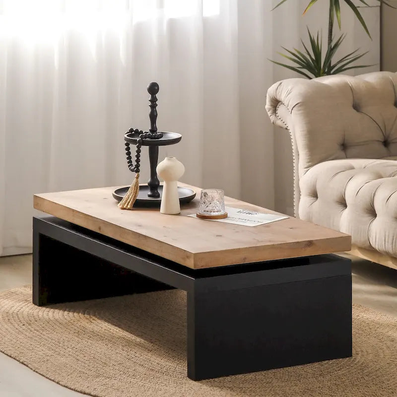 Black and Natural Wood Living Room Table Versatile Coffee Table 2-Tiered Wood Tabletop Table 3