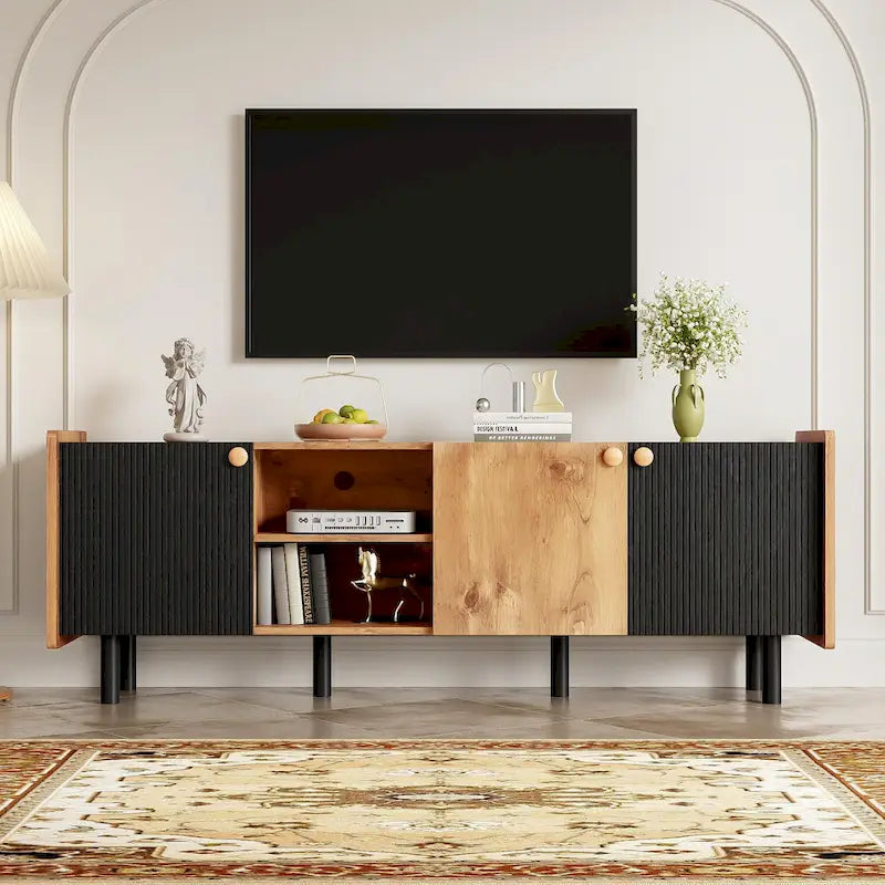 Mid Century TV Stand with 3 Cabinets,Media Console Table for TVs up to 70,Entertainment Center with Storage for Living room