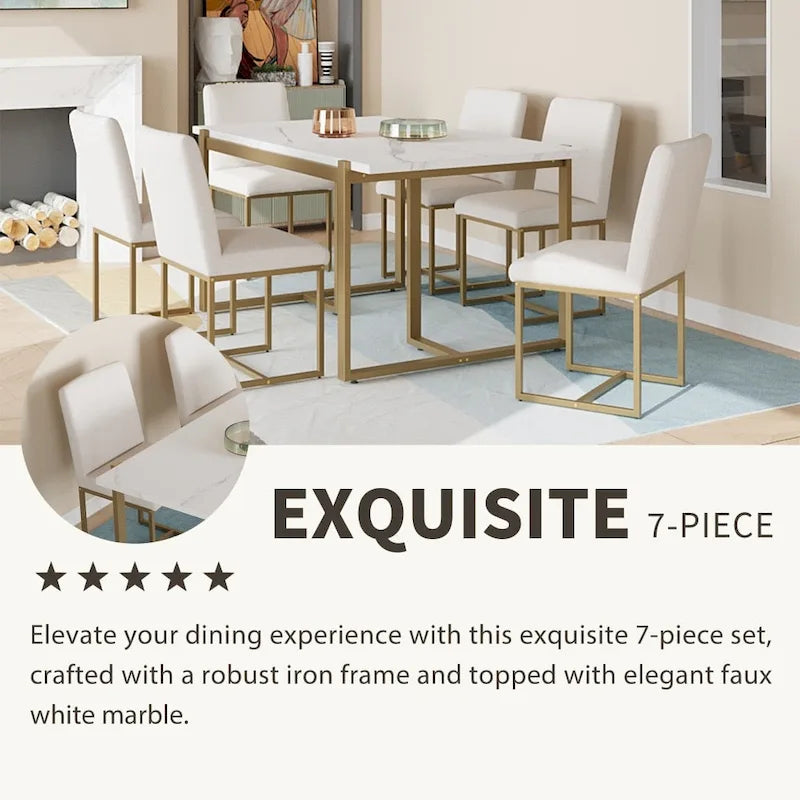 7-Piece Faux Marble Modern Dining Table Set with 6 Upholstered Chairs 4