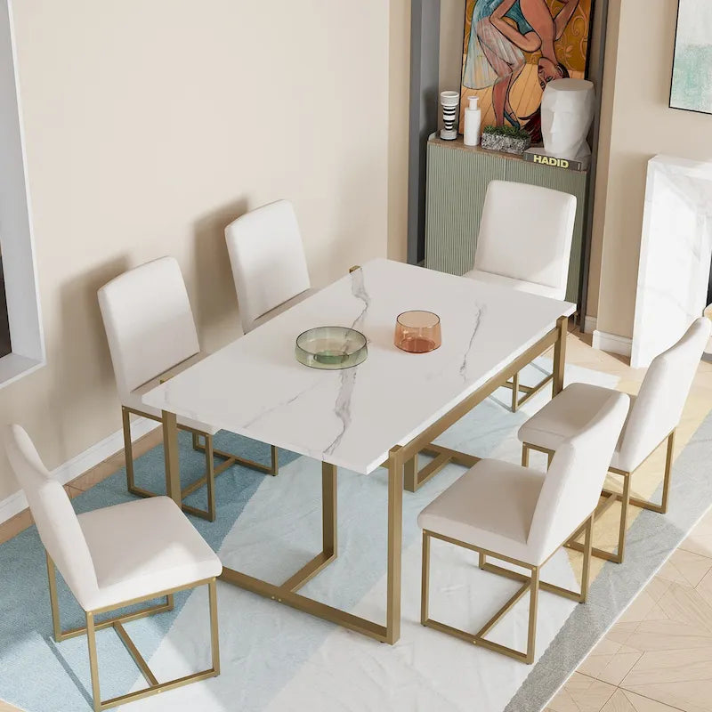 GDFStudio - Set da pranzo rettangolare moderno Carter con tavolo in finto marmo e sei sedie imbottite 21
