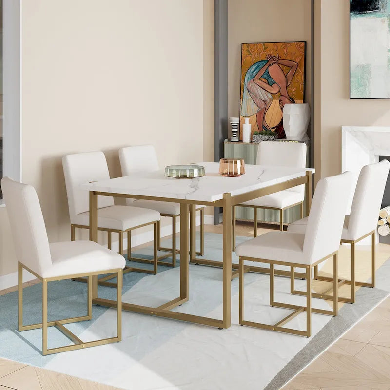 GDFStudio - Set da pranzo rettangolare moderno Carter con tavolo in finto marmo e sei sedie imbottite