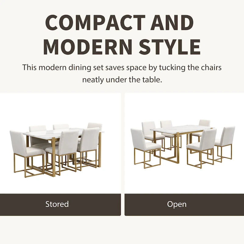 GDFStudio - Set da pranzo rettangolare moderno Carter con tavolo in finto marmo e sei sedie imbottite 4