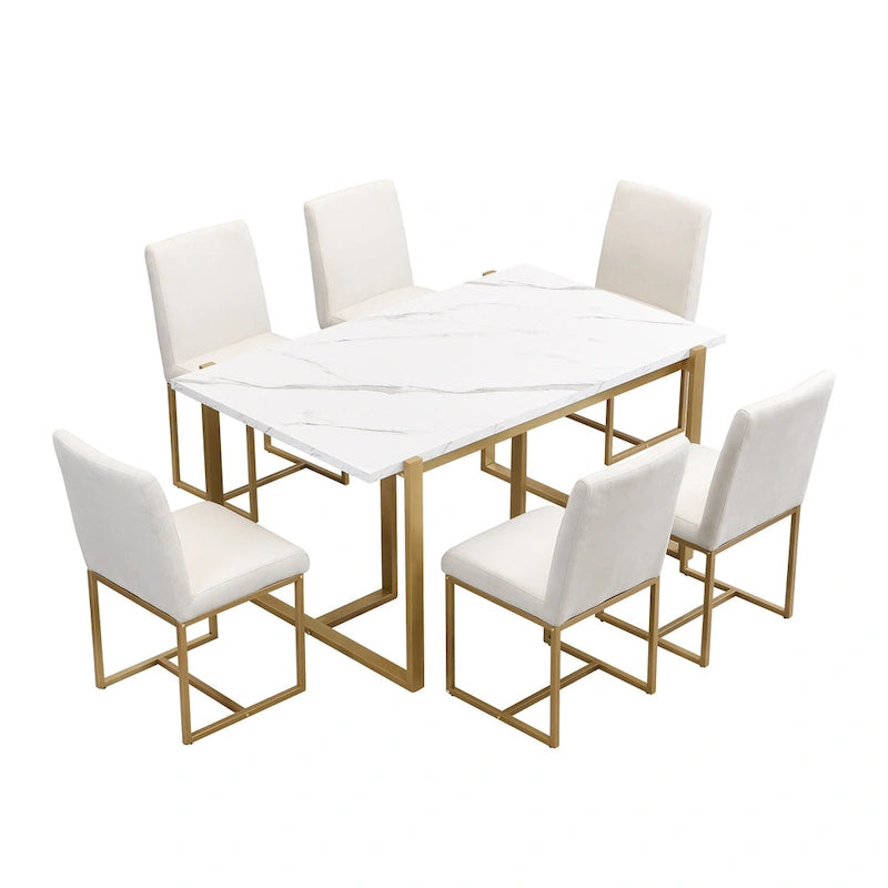 GDFStudio - Set da pranzo rettangolare moderno Carter con tavolo in finto marmo e sei sedie imbottite 11