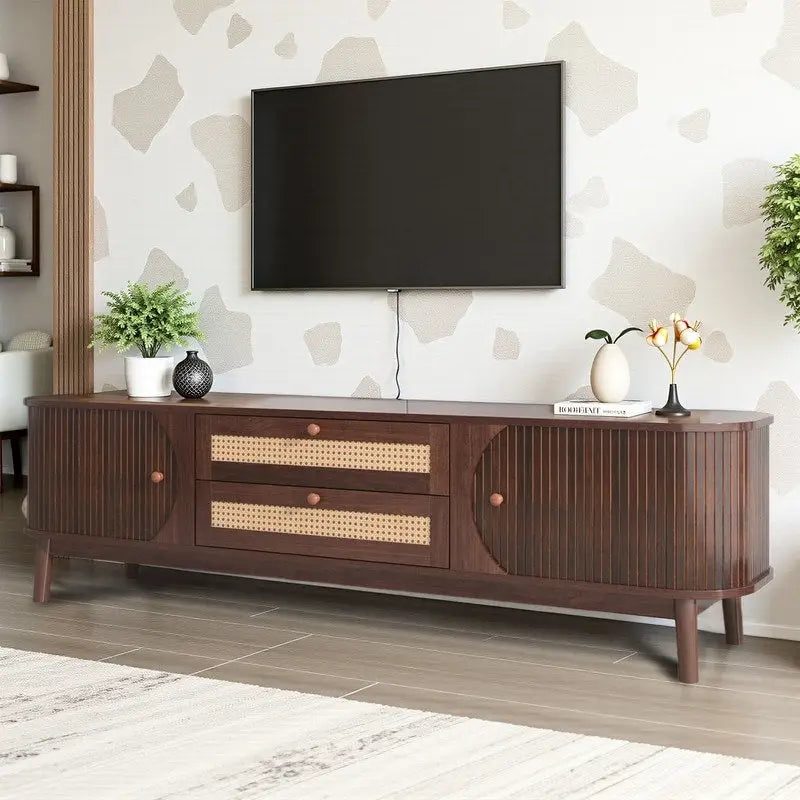 Rattan TV Stand for TVs Up to 75, Media Console Entertainment Center with Solid Wood Legs 13