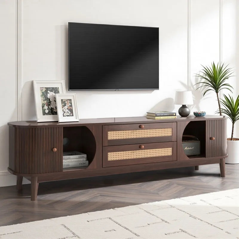 Rattan TV Stand for TVs Up to 75, Media Console Entertainment Center with Solid Wood Legs 3
