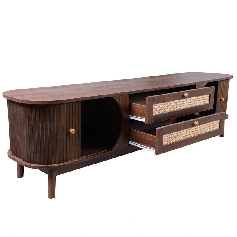 Rattan TV Stand for TVs Up to 75, Media Console Entertainment Center with Solid Wood Legs 7