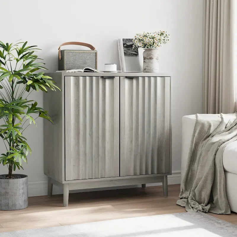 Fluted Sideboard Cabinet, Freestanding Wash Grey Buffet Cabinet with Adjustable Shelf, Wood Storage