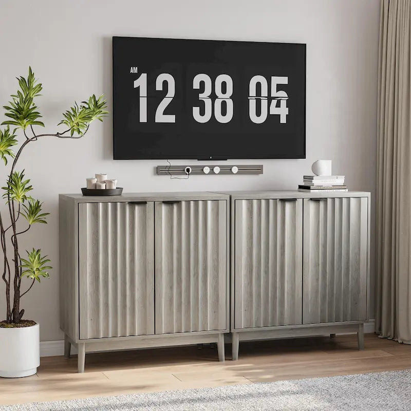 Fluted Sideboard Cabinet, Freestanding Wash Grey Buffet Cabinet with Adjustable Shelf, Wood Storage 3