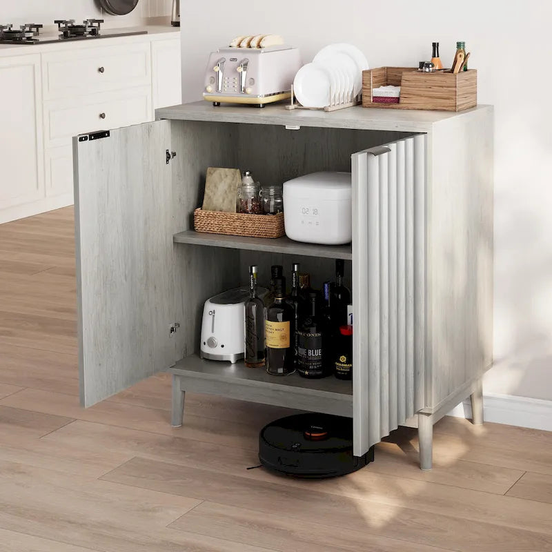Fluted Sideboard Cabinet, Freestanding Wash Grey Buffet Cabinet with Adjustable Shelf, Wood Storage 4