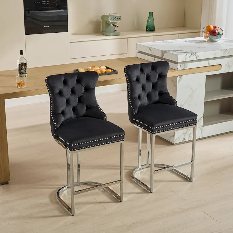 Modern 25 Set of 2 Bar Stools with Buttoned Back Studded Trim Chrome Metal Base Legs, for Dining Room Living Room and Bedroom 34