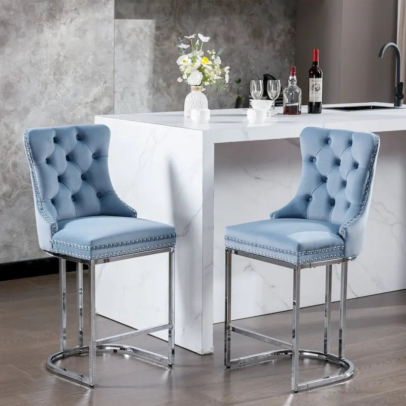 Modern 25 Set of 2 Bar Stools with Buttoned Back Studded Trim Chrome Metal Base Legs, for Dining Room Living Room and Bedroom 35