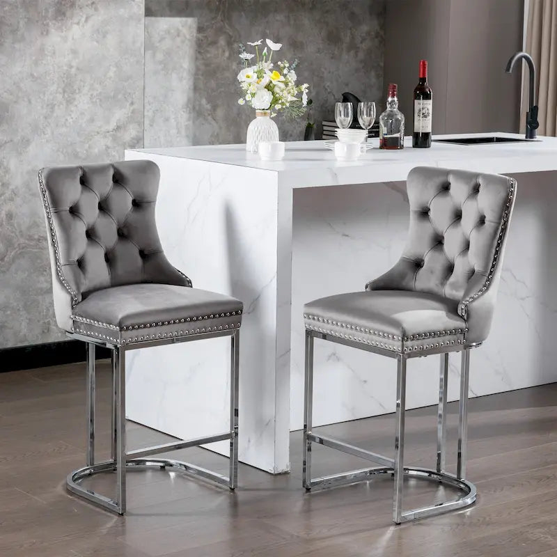 Modern 25 Set of 2 Bar Stools with Buttoned Back Studded Trim Chrome Metal Base Legs, for Dining Room Living Room and Bedroom 36