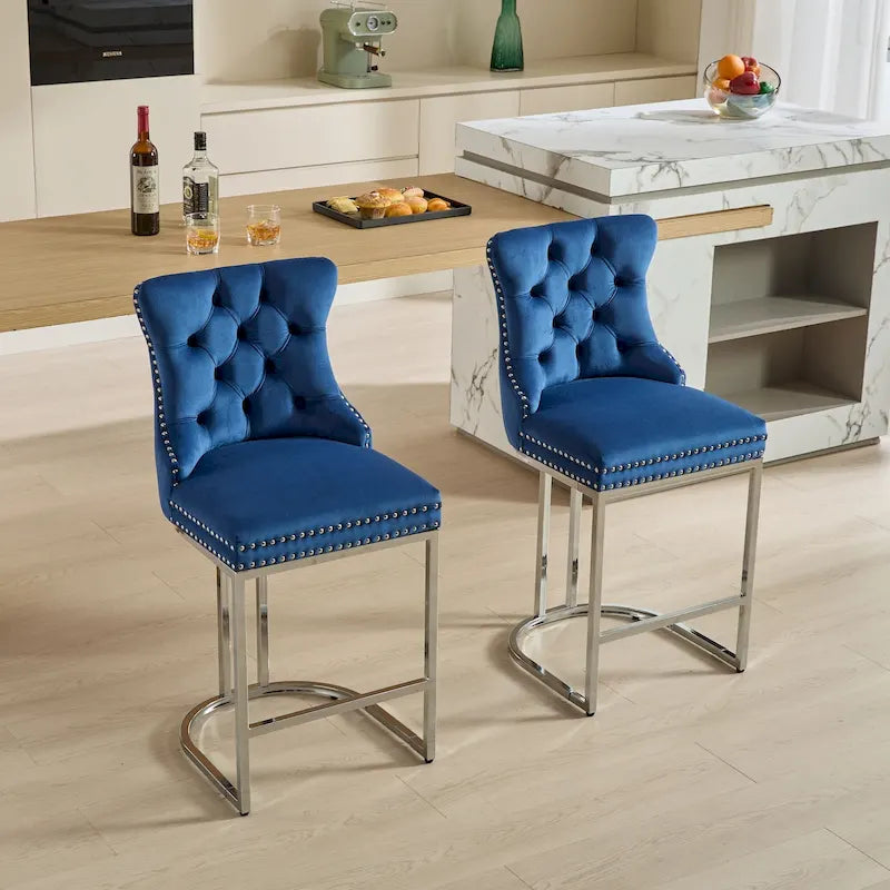 Modern 25 Set of 2 Bar Stools with Buttoned Back Studded Trim Chrome Metal Base Legs, for Dining Room Living Room and Bedroom 37