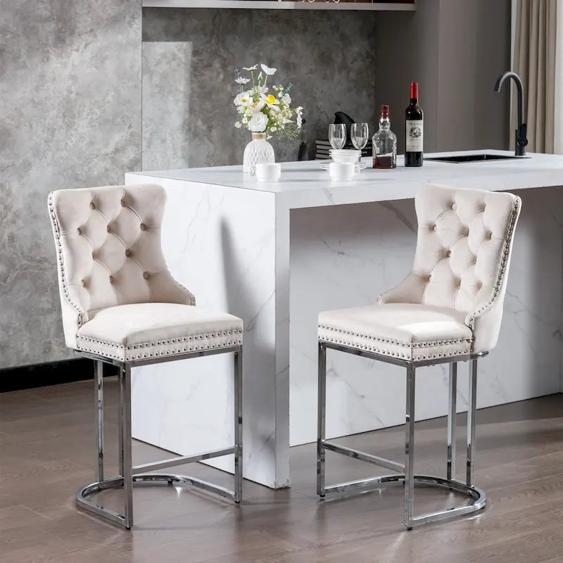 Modern 25 Set of 2 Bar Stools with Buttoned Back Studded Trim Chrome Metal Base Legs, for Dining Room Living Room and Bedroom 38