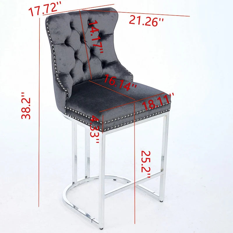 Modern 25 Set of 2 Bar Stools with Buttoned Back Studded Trim Chrome Metal Base Legs, for Dining Room Living Room and Bedroom 3
