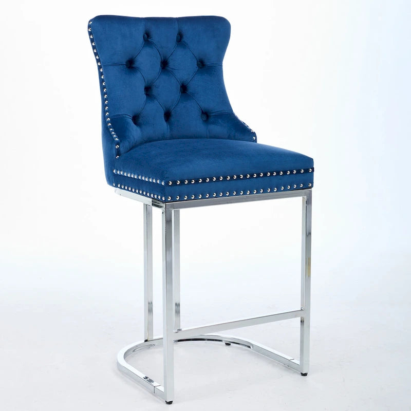 Modern 25 Set of 2 Bar Stools with Buttoned Back Studded Trim Chrome Metal Base Legs, for Dining Room Living Room and Bedroom 4
