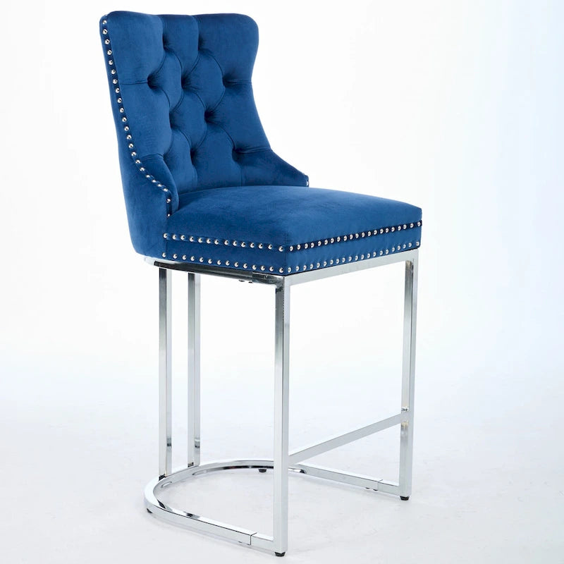 Modern 25 Set of 2 Bar Stools with Buttoned Back Studded Trim Chrome Metal Base Legs, for Dining Room Living Room and Bedroom 5
