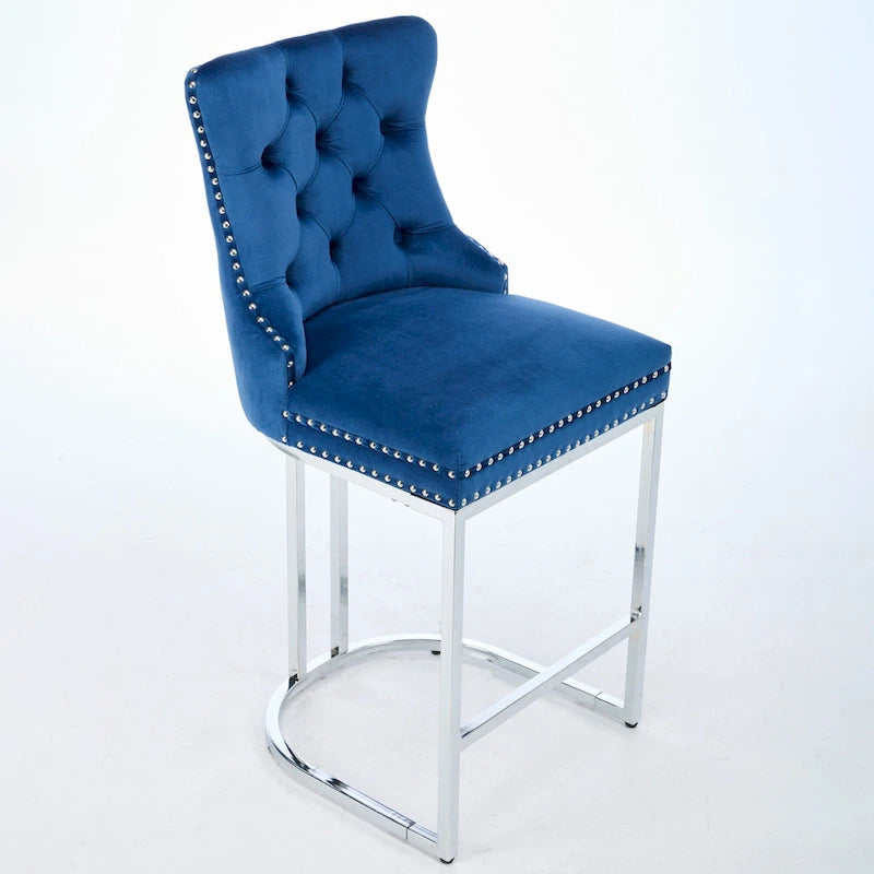 Modern 25 Set of 2 Bar Stools with Buttoned Back Studded Trim Chrome Metal Base Legs, for Dining Room Living Room and Bedroom 6