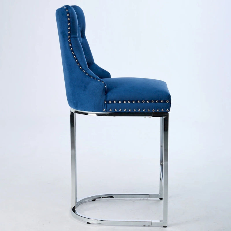 Modern 25 Set of 2 Bar Stools with Buttoned Back Studded Trim Chrome Metal Base Legs, for Dining Room Living Room and Bedroom 7
