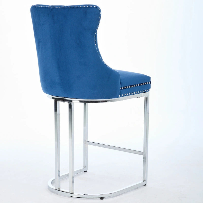 Modern 25 Set of 2 Bar Stools with Buttoned Back Studded Trim Chrome Metal Base Legs, for Dining Room Living Room and Bedroom 8