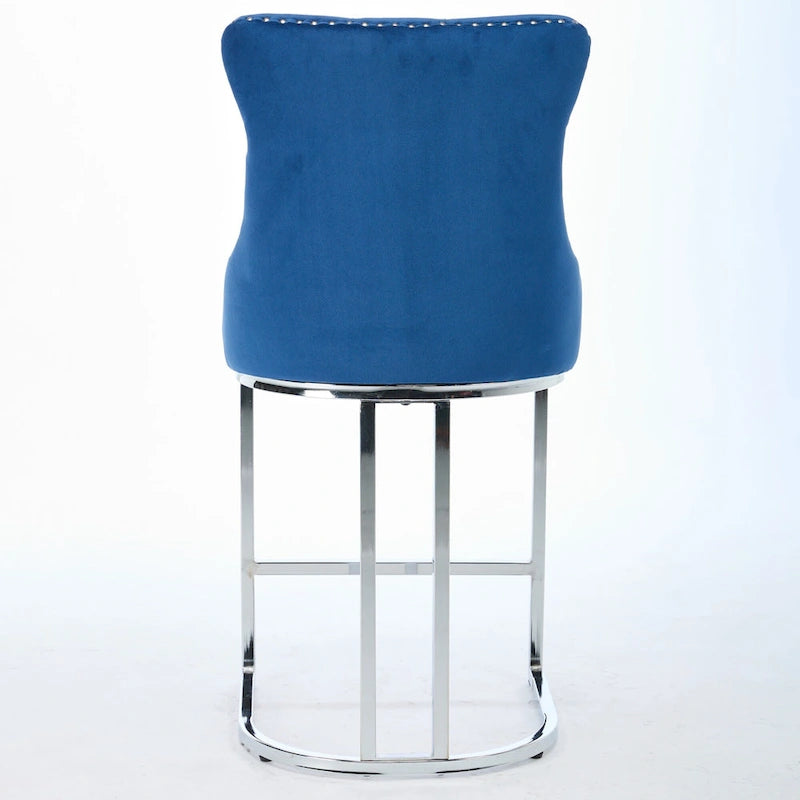 Modern 25 Set of 2 Bar Stools with Buttoned Back Studded Trim Chrome Metal Base Legs, for Dining Room Living Room and Bedroom 9