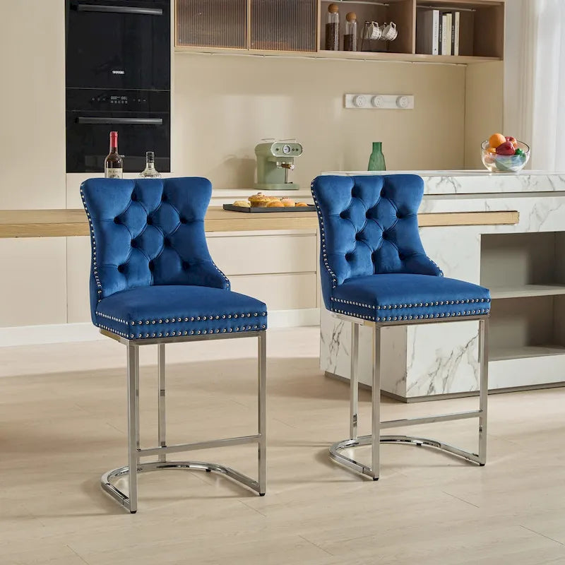 Modern 25 Set of 2 Bar Stools with Buttoned Back Studded Trim Chrome Metal Base Legs, for Dining Room Living Room and Bedroom 16