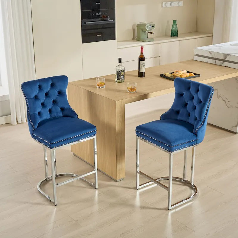 Modern 25 Set of 2 Bar Stools with Buttoned Back Studded Trim Chrome Metal Base Legs, for Dining Room Living Room and Bedroom 17