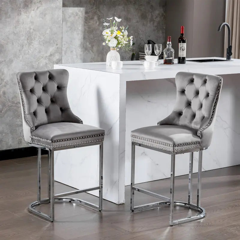 Modern 25 Set of 2 Bar Stools with Buttoned Back Studded Trim Chrome Metal Base Legs, for Dining Room Living Room and Bedroom 18