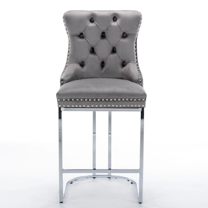 Modern 25 Set of 2 Bar Stools with Buttoned Back Studded Trim Chrome Metal Base Legs, for Dining Room Living Room and Bedroom 19