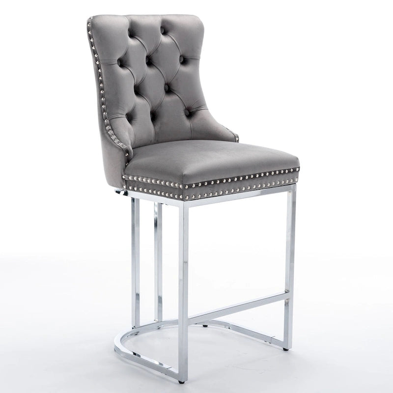 Modern 25 Set of 2 Bar Stools with Buttoned Back Studded Trim Chrome Metal Base Legs, for Dining Room Living Room and Bedroom 20