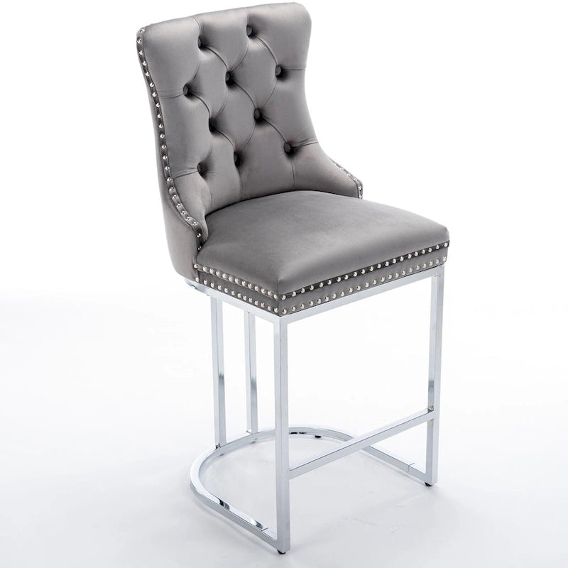 Modern 25 Set of 2 Bar Stools with Buttoned Back Studded Trim Chrome Metal Base Legs, for Dining Room Living Room and Bedroom 21