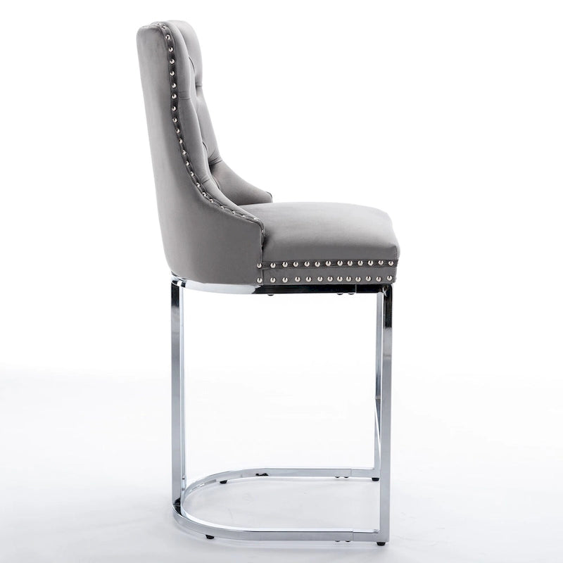 Modern 25 Set of 2 Bar Stools with Buttoned Back Studded Trim Chrome Metal Base Legs, for Dining Room Living Room and Bedroom 22