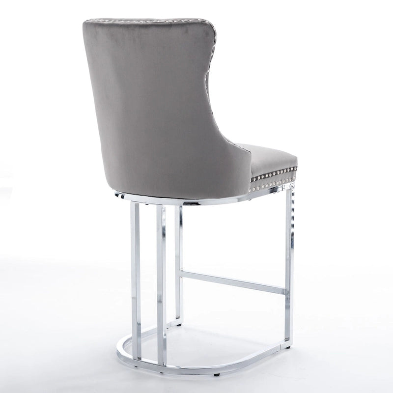 Modern 25 Set of 2 Bar Stools with Buttoned Back Studded Trim Chrome Metal Base Legs, for Dining Room Living Room and Bedroom 23