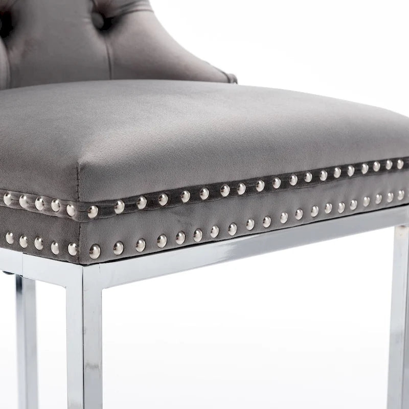 Modern 25 Set of 2 Bar Stools with Buttoned Back Studded Trim Chrome Metal Base Legs, for Dining Room Living Room and Bedroom 30