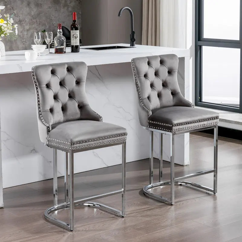 Modern 25 Set of 2 Bar Stools with Buttoned Back Studded Trim Chrome Metal Base Legs, for Dining Room Living Room and Bedroom 32
