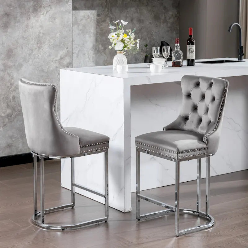 Modern 25 Set of 2 Bar Stools with Buttoned Back Studded Trim Chrome Metal Base Legs, for Dining Room Living Room and Bedroom 33