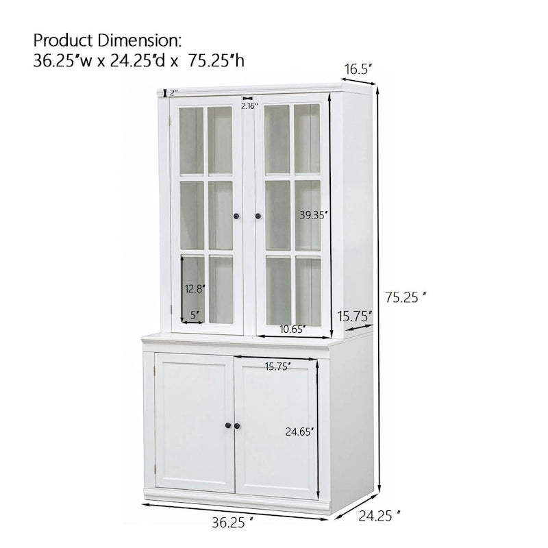 75.25Tall Display Cabinet with Tempered Glass Double Doors, Traditional Style China Cabinet for Living Room, Kitchen, Home 2