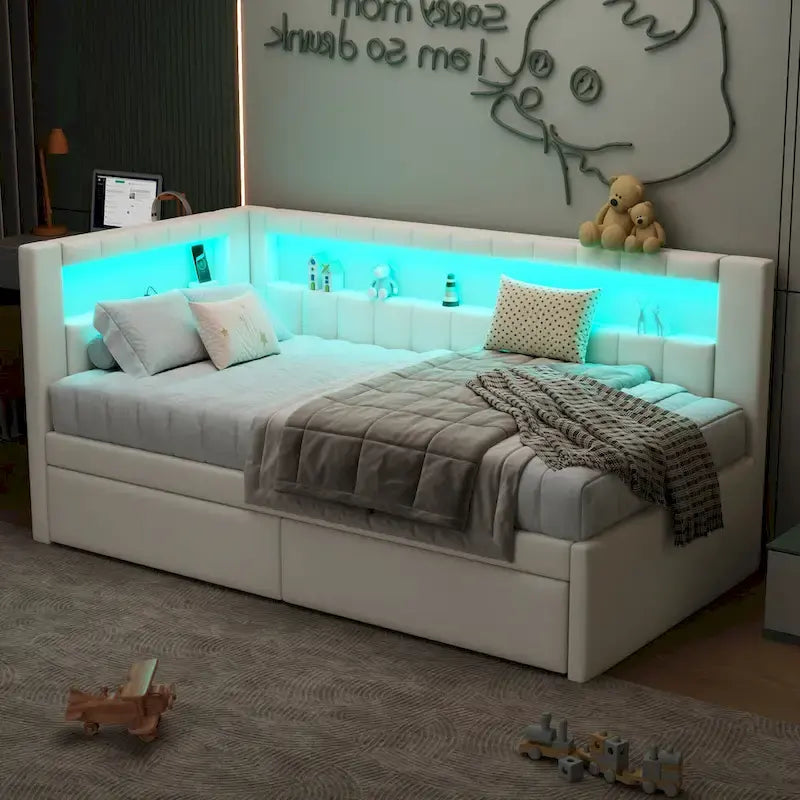 Upholstered Platform Bed with USB Ports & LED Lighting - Full/Twin Size Bed Frame with 2 Storage Drawers - Modern Bedroom