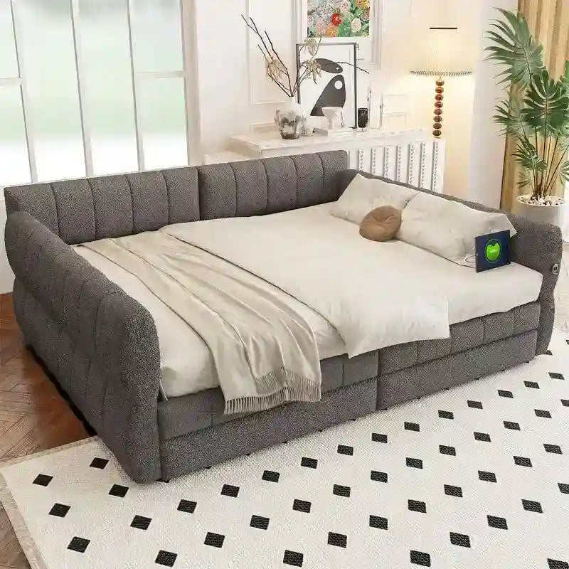 Upholstered Daybed with 2 Storage Drawers, Queen Size Sofa Bed Frame with USB Ports Design and Wood Slats Support 29