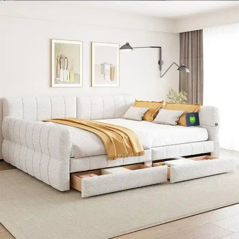 Upholstered Daybed with 2 Storage Drawers, Queen Size Sofa Bed Frame with USB Ports Design and Wood Slats Support 2