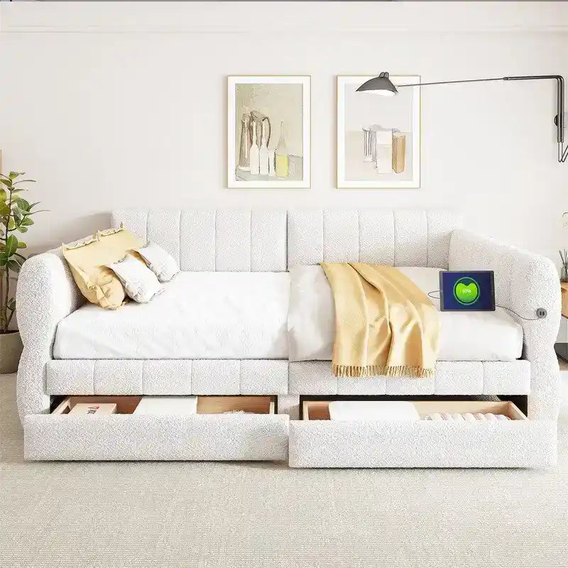 Upholstered Daybed with 2 Storage Drawers, Queen Size Sofa Bed Frame with USB Ports Design and Wood Slats Support 3