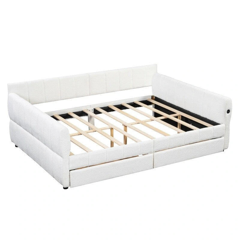 Upholstered Daybed with 2 Storage Drawers, Queen Size Sofa Bed Frame with USB Ports Design and Wood Slats Support 4