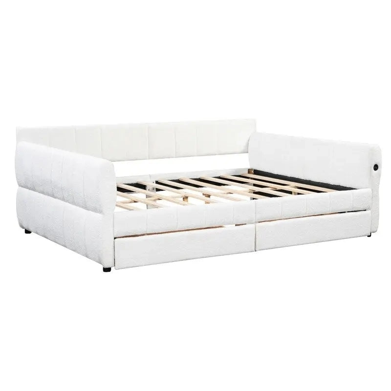 Upholstered Daybed with 2 Storage Drawers, Queen Size Sofa Bed Frame with USB Ports Design and Wood Slats Support 5