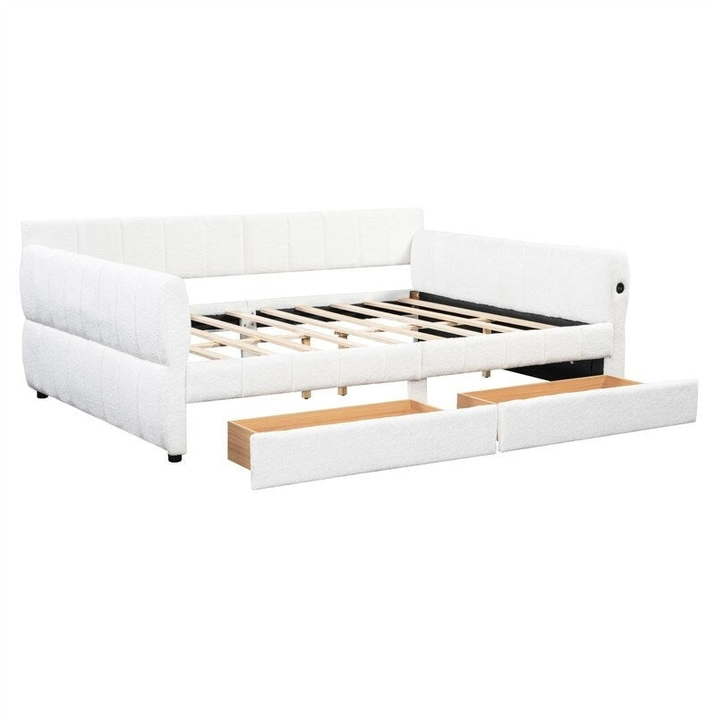 Upholstered Daybed with 2 Storage Drawers, Queen Size Sofa Bed Frame with USB Ports Design and Wood Slats Support 6