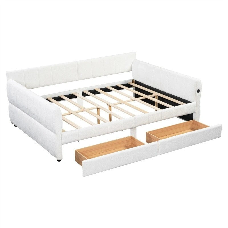 Upholstered Daybed with 2 Storage Drawers, Queen Size Sofa Bed Frame with USB Ports Design and Wood Slats Support 7