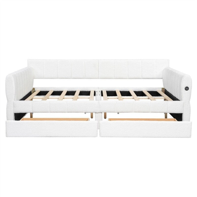 Upholstered Daybed with 2 Storage Drawers, Queen Size Sofa Bed Frame with USB Ports Design and Wood Slats Support 8