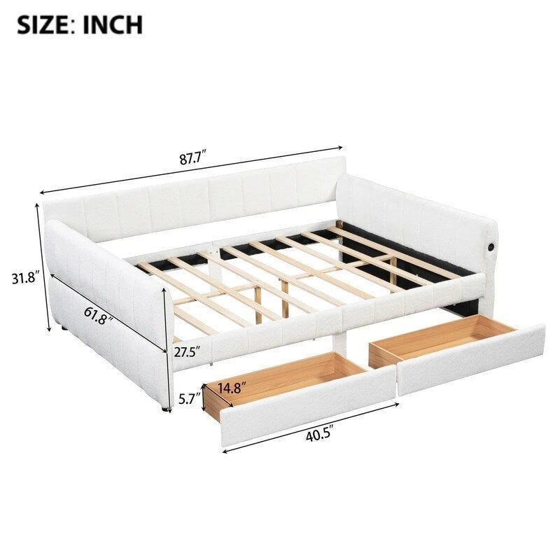 Upholstered Daybed with 2 Storage Drawers, Queen Size Sofa Bed Frame with USB Ports Design and Wood Slats Support 9