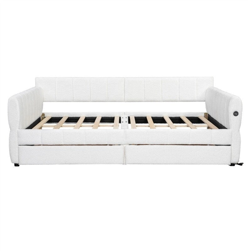 Upholstered Daybed with 2 Storage Drawers, Queen Size Sofa Bed Frame with USB Ports Design and Wood Slats Support 10