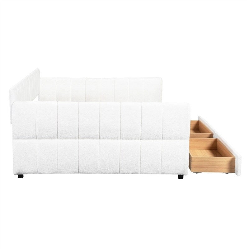 Upholstered Daybed with 2 Storage Drawers, Queen Size Sofa Bed Frame with USB Ports Design and Wood Slats Support 11