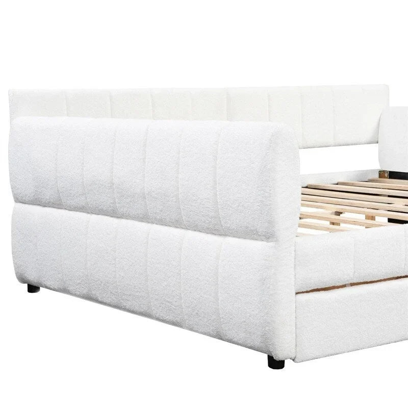 Upholstered Daybed with 2 Storage Drawers, Queen Size Sofa Bed Frame with USB Ports Design and Wood Slats Support 12
